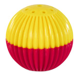 The Petqwerks Pet Qwerks Animal Sounds Babble Ball is a round, grooved dog toy with a yellow top and red bottom. The yellow half has small holes for emitting pet sounds, while the ribbed texture offers tactile stimulation.