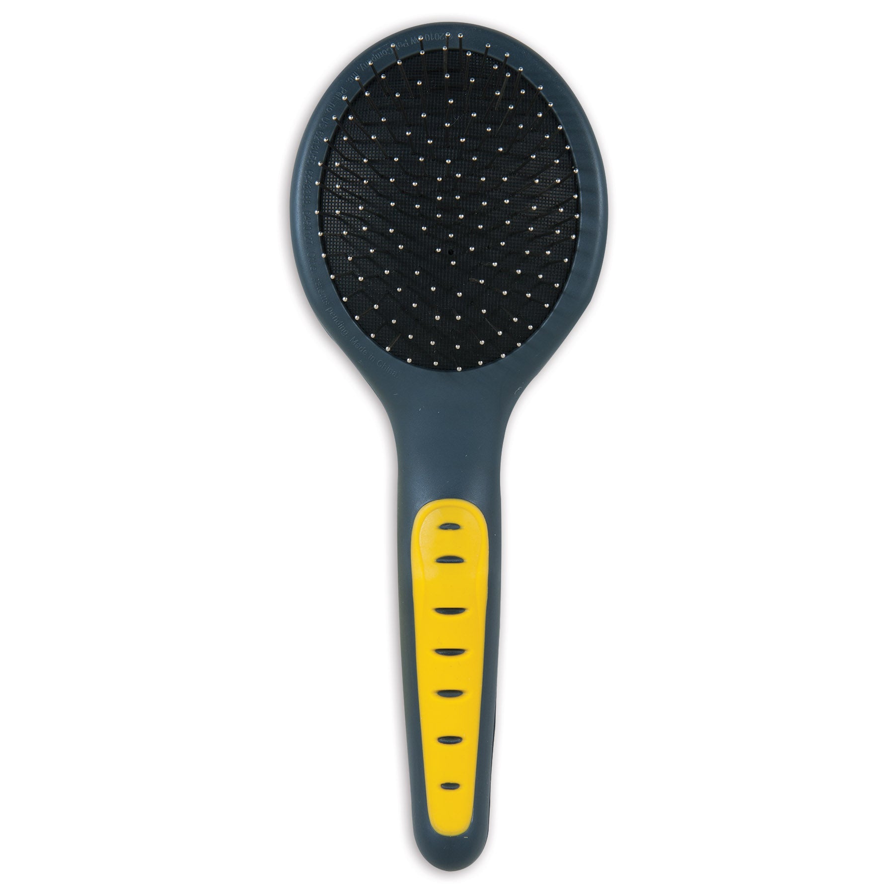 The JW Gripsoft Pin Brush from Jw is a pet grooming tool with a black bristle pad and small metal pins. It features an ergonomic blue handle with a yellow non-slip grip section adorned with subtle black stripes.