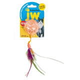 Introducing the JW Cataction Lattice Ball Cat Toy, crafted for interactive play with durable TPR rubber, a colorful feather tail, and catnip infusion. The brands playful logo features a curious feline silhouette on the right.