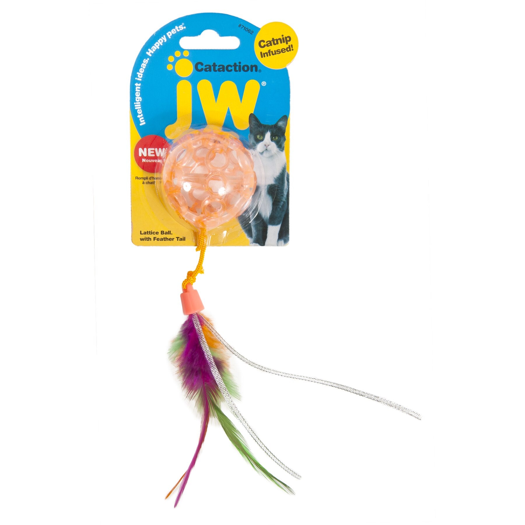 Introducing the JW Cataction Lattice Ball Cat Toy, crafted for interactive play with durable TPR rubber, a colorful feather tail, and catnip infusion. The brands playful logo features a curious feline silhouette on the right.