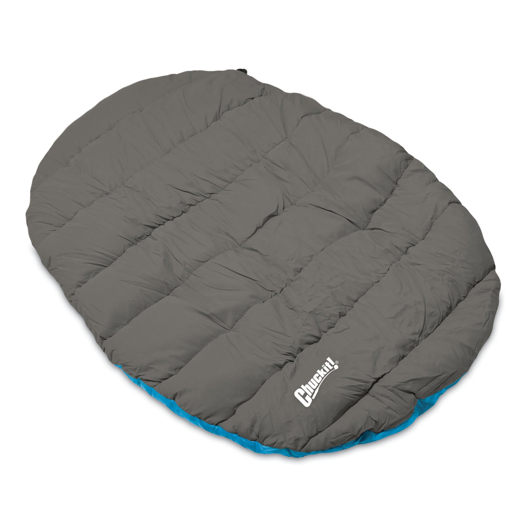The Chuckit! Travel Pillow Bed, an oval sleeping bag by Chuckit, lies on a white background. It features subtle seams and a white logo at the bottom right corner, with hints of blue on the edges. Portable with a stuff sack and machine washable for easy care.
