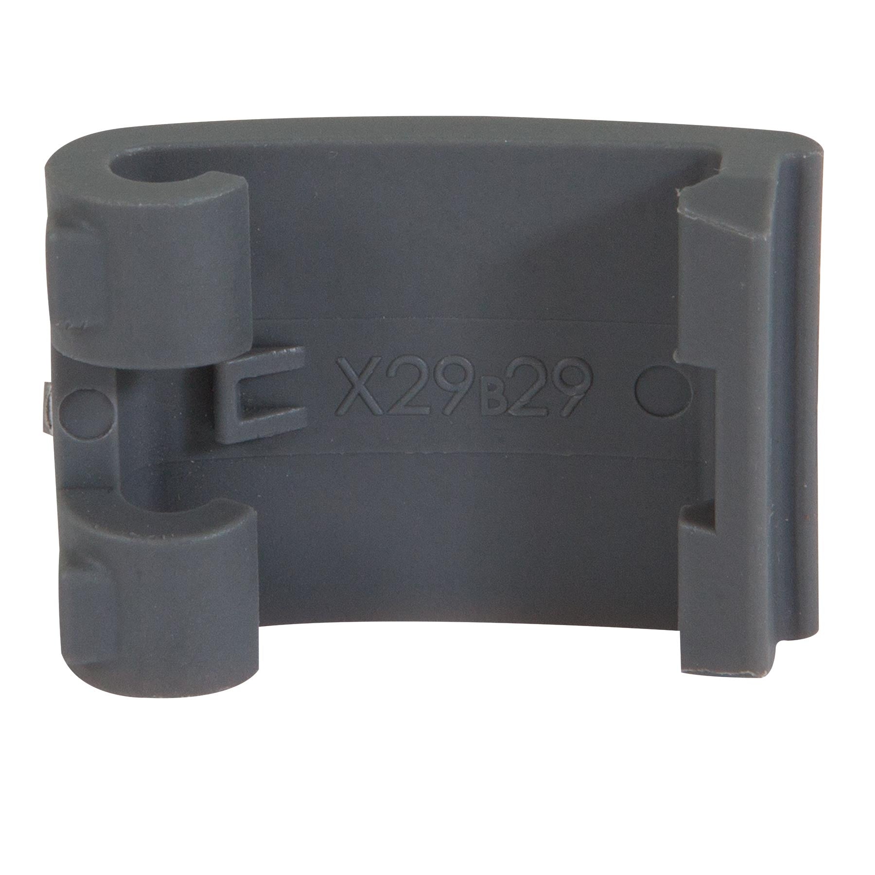 A close-up shows a rectangular dark gray plastic clip with two cylindrical holders, serving as the Short Replacement Latch for Petmate kennels. X29B29 is engraved in the center, featuring a smooth finish.