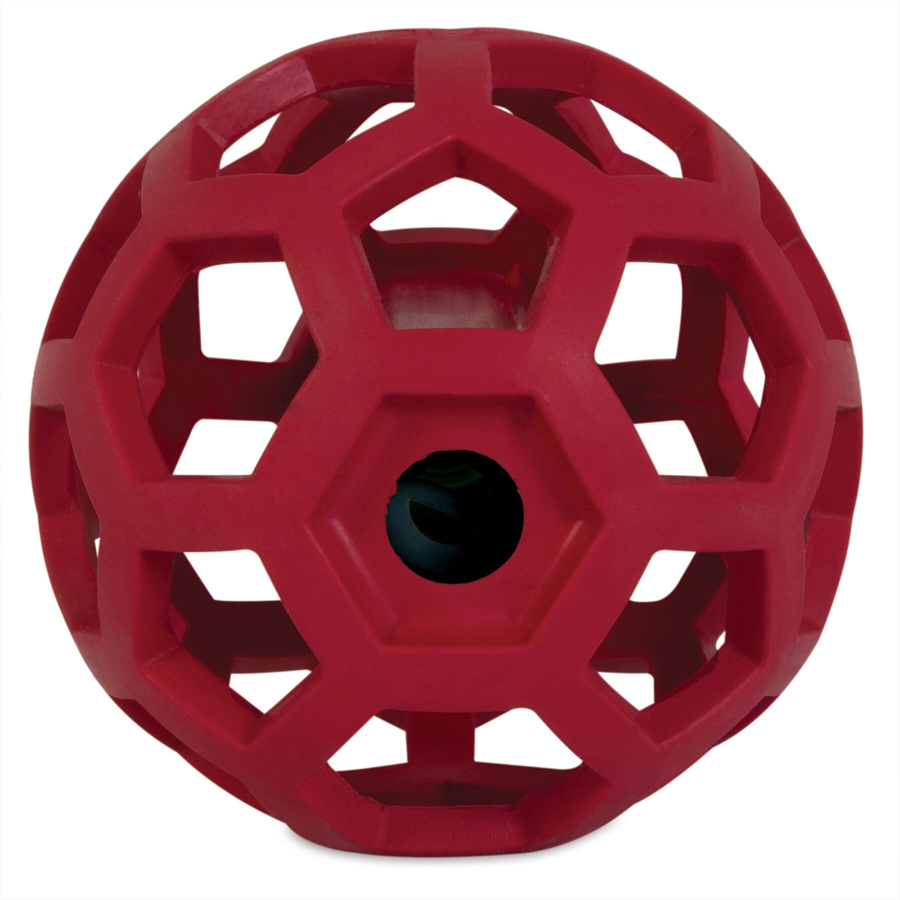 The JW Hol-ee Giggler Dog Toy by Jw is a red, spherical plaything made from natural rubber with hexagonal cutouts resembling a lattice. Its hollow interior is visible through these openings, providing both fun and durability for dogs.