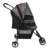 The Gen7Pets Grey Shadow Regal Plus Pet Stroller by Gen7 showcases a side view with a gray and black design, Smart Canopy, four wheels, red accent, rear handlebar, and storage basket underneath.