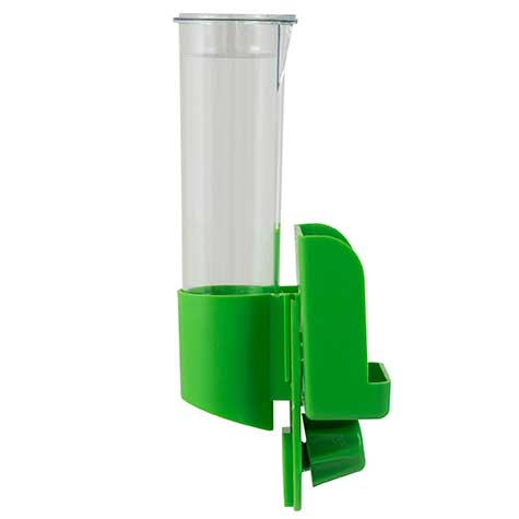 The JW Clean Seed Silo Bird Feeder by Jw is a transparent dispenser with a green base, designed for easy cage mounting. It features a cylindrical reservoir similar to a gravity feeder, providing small animals or birds with a steady water supply.