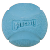 The Chuckit! Fetch Ball Dog Toy is a light blue, textured ball with indented grooves. Compatible with Chuckit Launchers, the brands name is embossed on its rough surface, providing a high bounce for enhanced canine playtime.