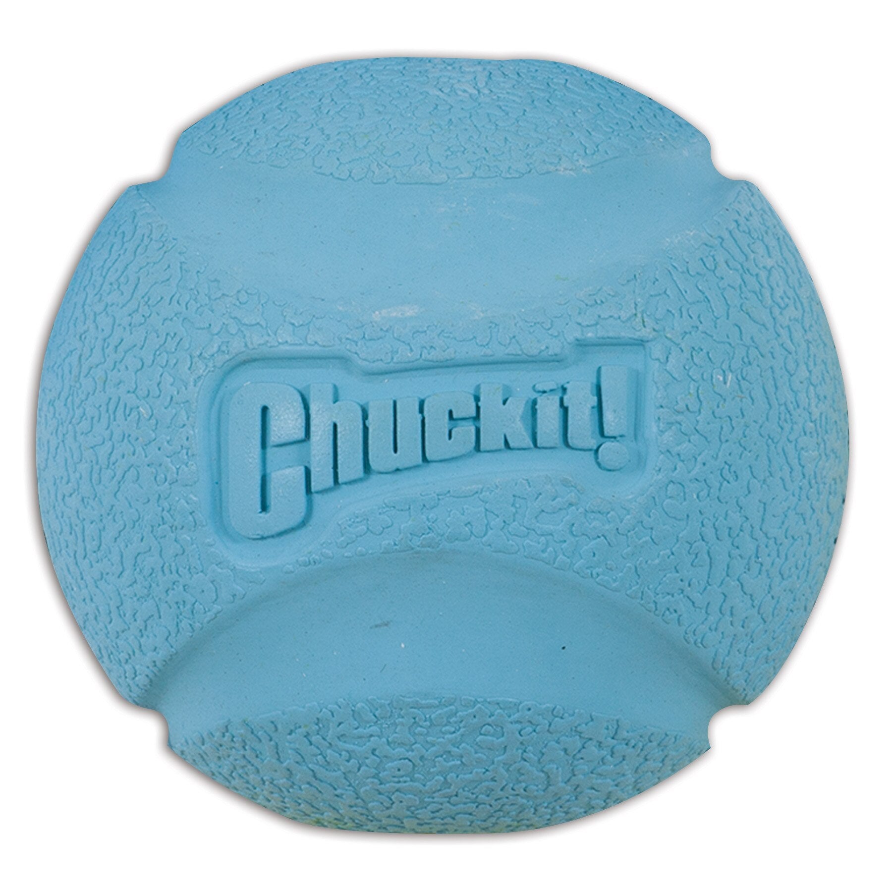 The Chuckit! Fetch Ball Dog Toy is a light blue, textured ball with indented grooves. Compatible with Chuckit Launchers, the brands name is embossed on its rough surface, providing a high bounce for enhanced canine playtime.