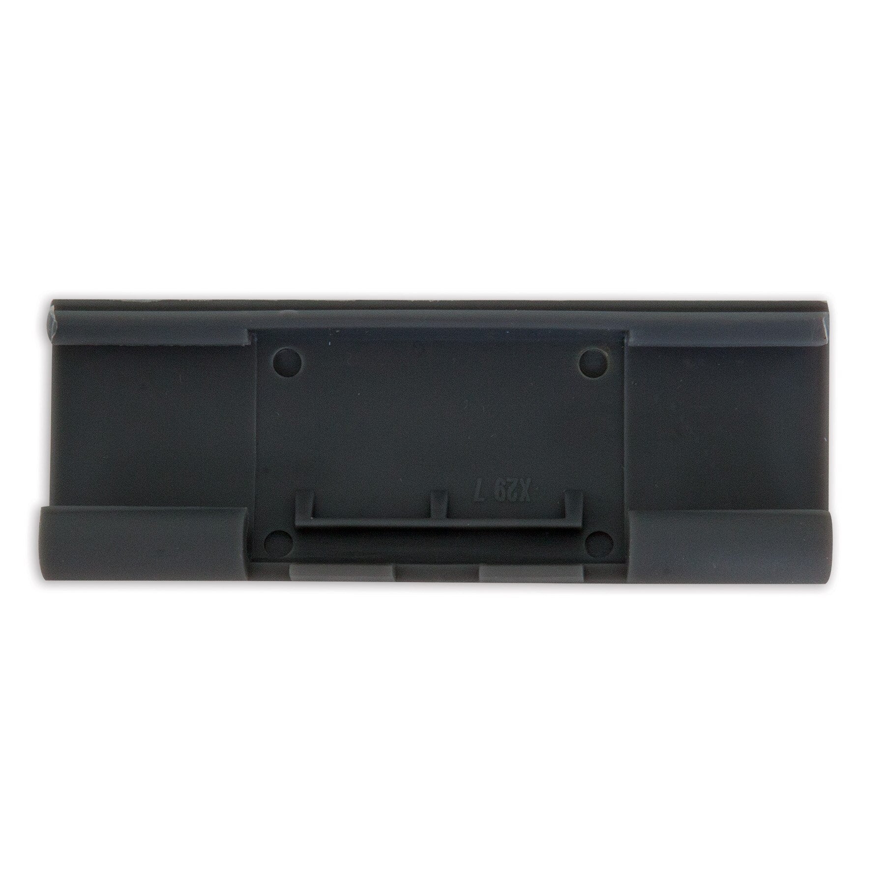 The Petmate Long Replacement Latch for plastic kennels is a black rectangular component with six symmetrical holes. It features a thin, raised ridge on the top edge and has a smooth surface with slight indentations and markings, making it ideal as a replacement latch.