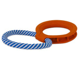 The Chuckit! FetchTug 2-in-1 Dog Toy Ring has a blue and white rope tug looped through an orange rubber ring. Its durable and chewable, ideal for playful pups who love to tug and chase.