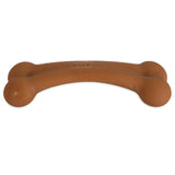 A brown, bone-shaped dog chew toy from Barkbone Natural Instincts, made of durable nylon with rounded ends. The smooth surface is embossed with BarkBone, and it satisfies your pups natural instincts.