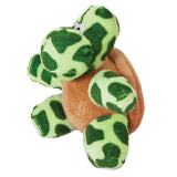 The Zoobilee Softies Dog Toy, by Zoobilee, is a plush turtle with a soft brown body and vibrant green limbs, head, and shell decorated with dark green spots. It has small embroidered eyes and a playful expression—perfect for any plush dog toy collection or as a cuddly squeaker toy for pets.