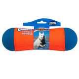 The Chuckit Amphibious Tumble Bumper, in vibrant orange and blue, features a playful dog on its packaging. It boasts a Bounceflex core that Cant pop, wont sink, making it perfect for aquatic adventures!.