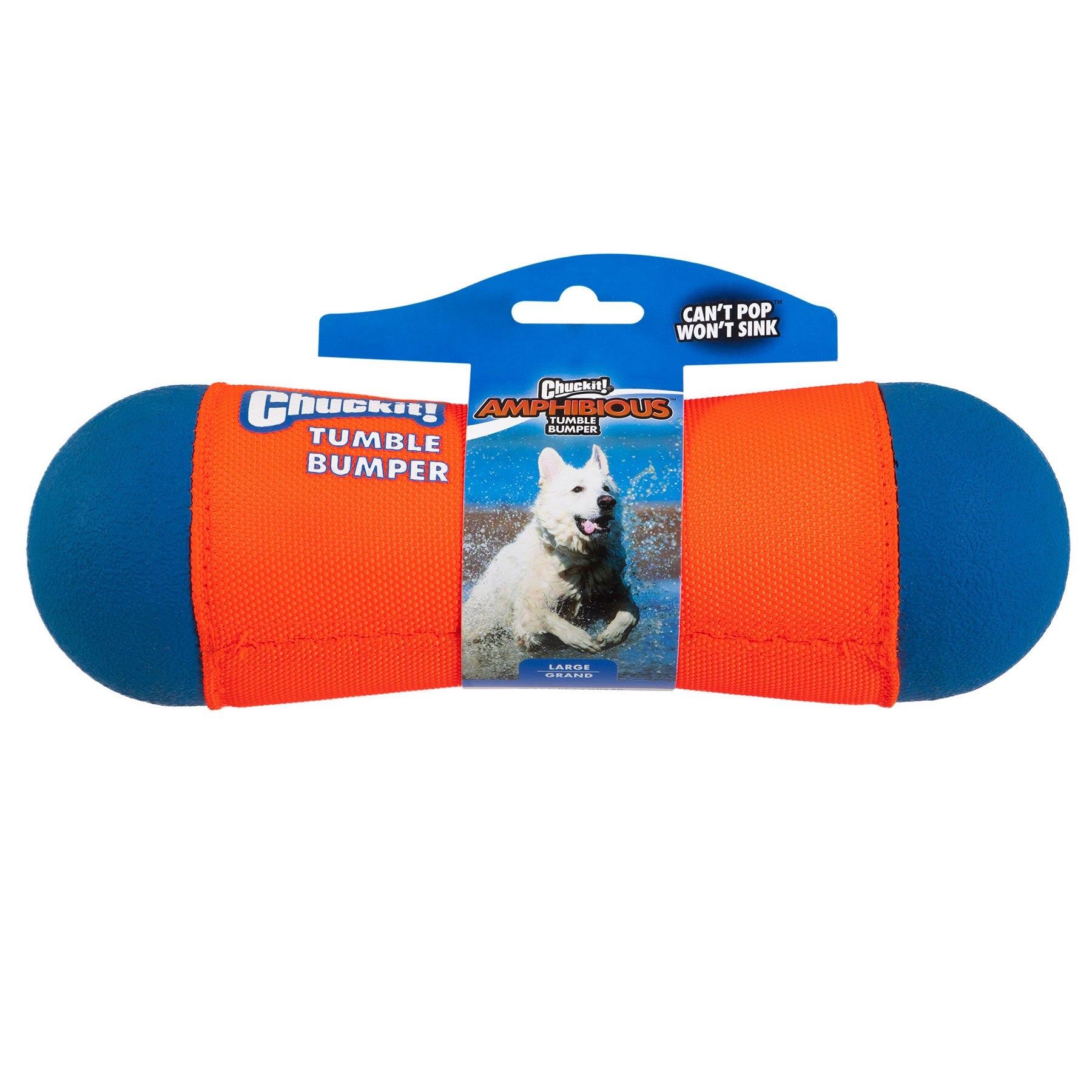 The Chuckit Amphibious Tumble Bumper, in vibrant orange and blue, features a playful dog on its packaging. It boasts a Bounceflex core that Cant pop, wont sink, making it perfect for aquatic adventures!.