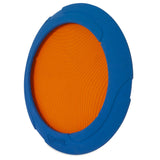 The Chuckit! Ultra Flight is a round dog toy featuring an orange textured inner surface, a blue durable rubber edge, and is perfect for fetch or active play.
