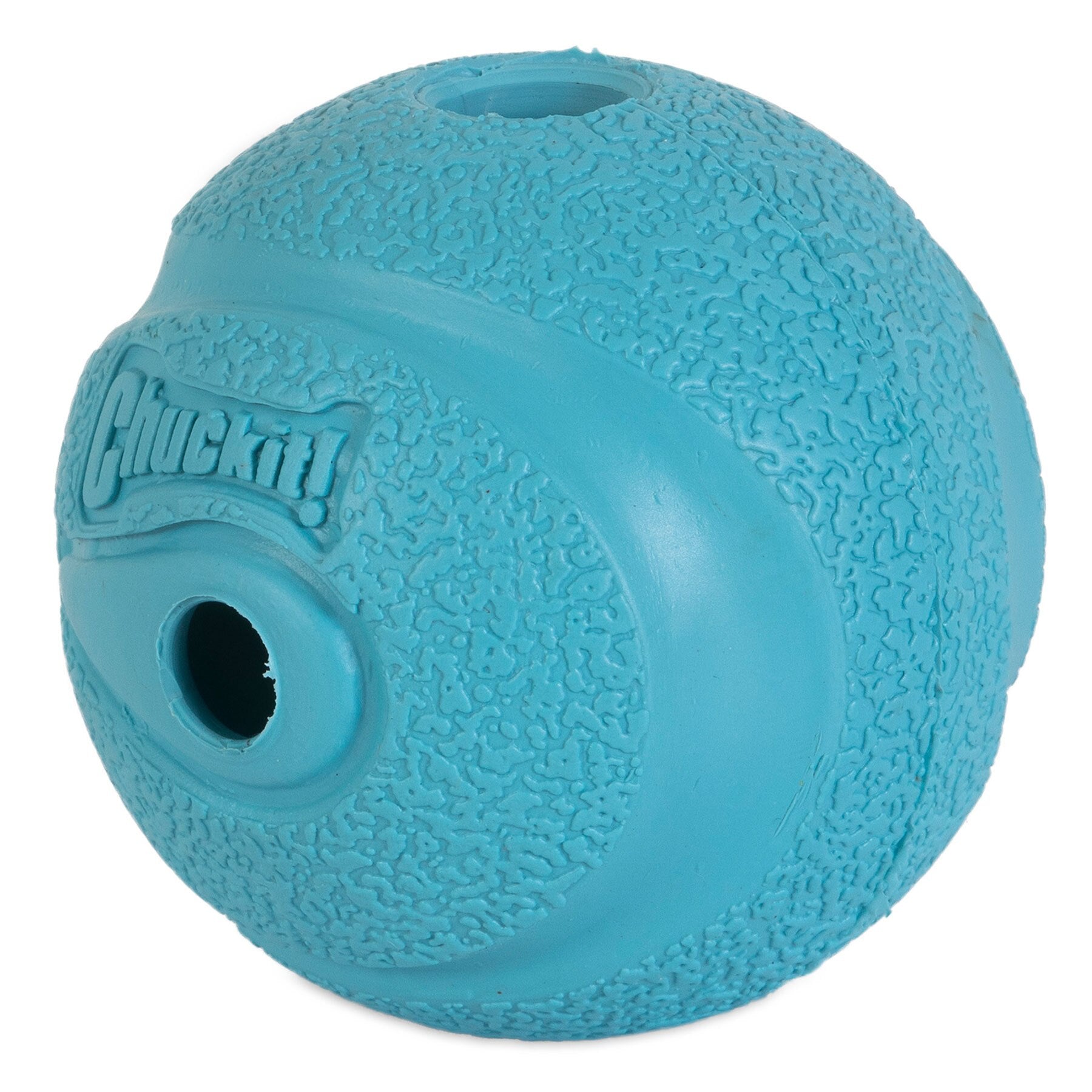 The Chuckit! The Whistler Dog Toy is a blue, high-bouncing rubber ball with holes on each end and Chuckit lettering. Its rough texture ensures a better grip, making it perfect for dog fetch games.