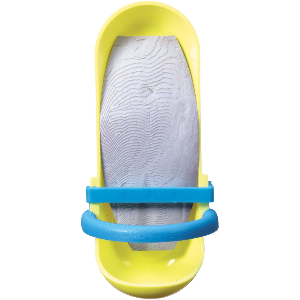 The JW Cuttlebone Holder by Jw is a plastic toy with a yellow base and blue handle, featuring a marble-patterned surface in a slot for launching or flipping, ideal for holding cuttlebones in bird cages. Perfect accessory for pet birds.
