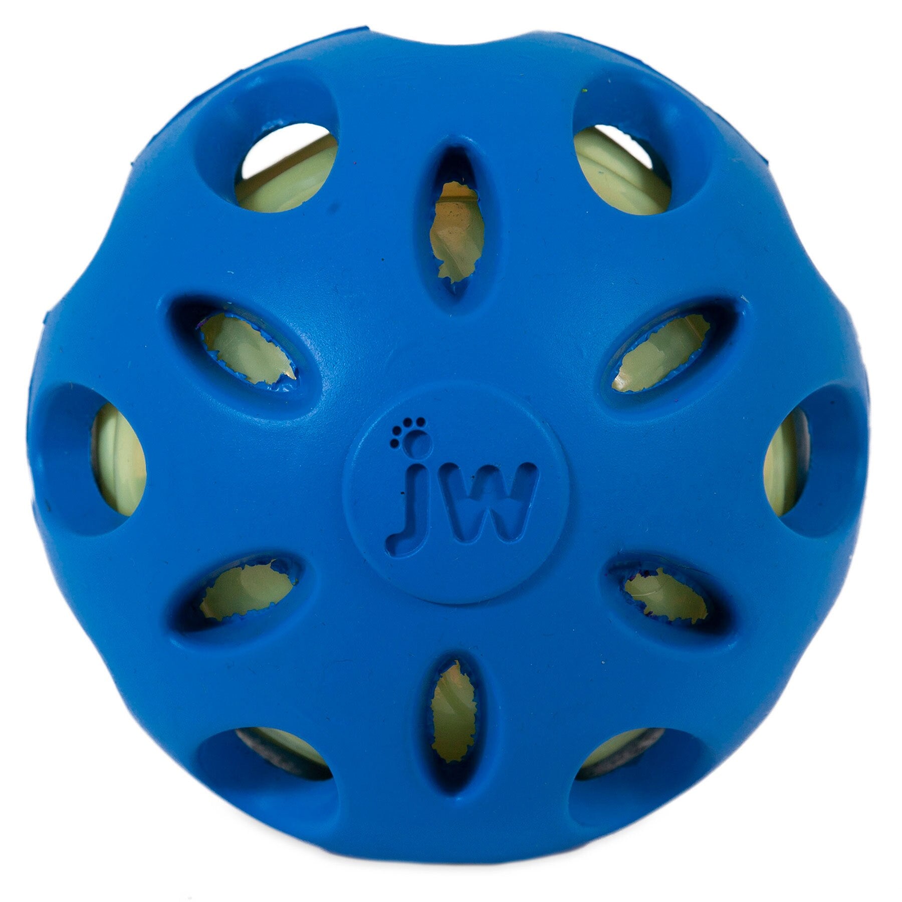 The JW Crackle Heads Crackle Ball Dog Toy features a blue sphere with oval holes and an embossed jw logo, revealing a light green layer inside, ideal for interactive play.