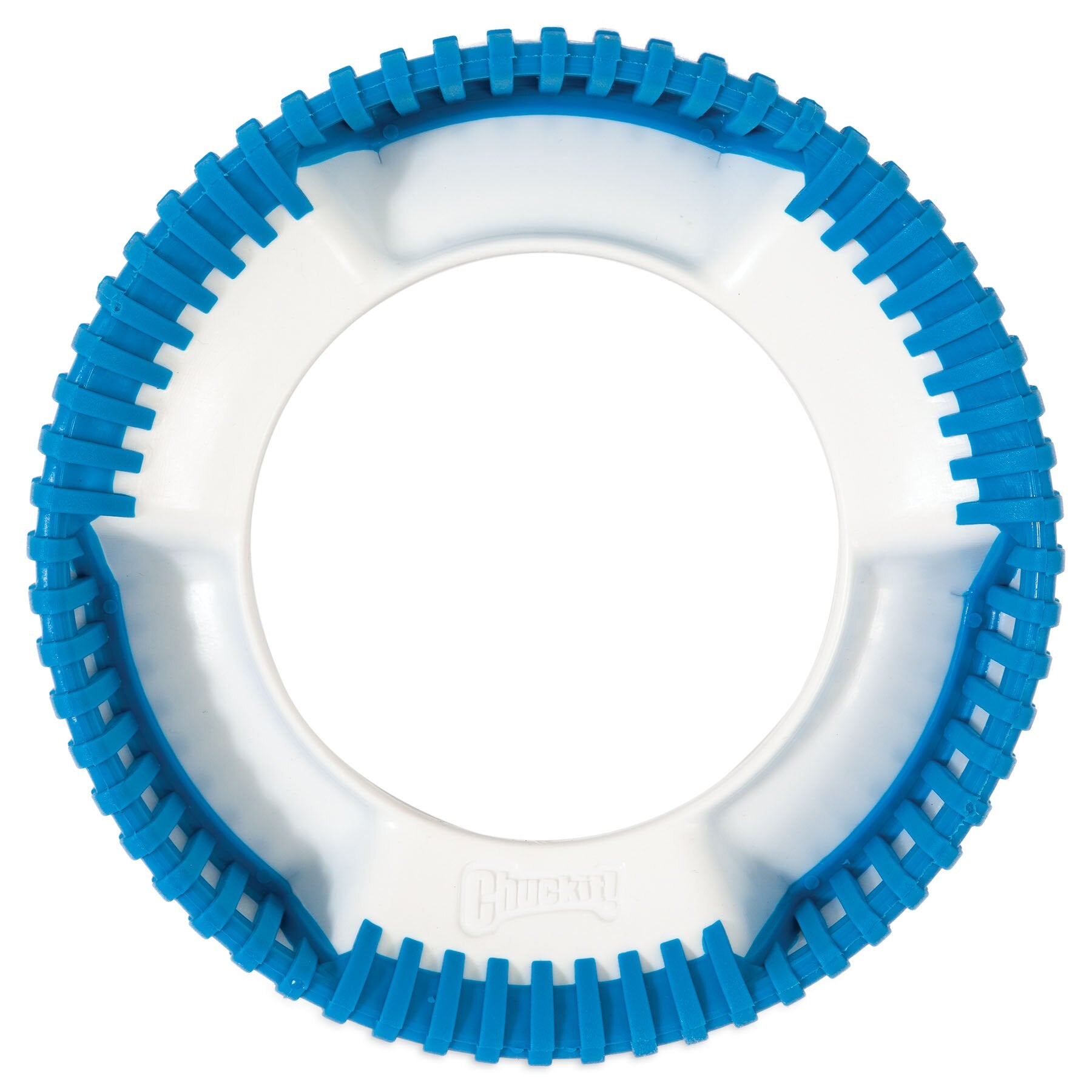Meet the Chuckit! Rugged Fetch Wheel—a durable, circular dog toy with blue ridges for better grip and grooves for enhanced handling. The Chuckit brand name is embossed on its white center, ensuring quality playtime fun.