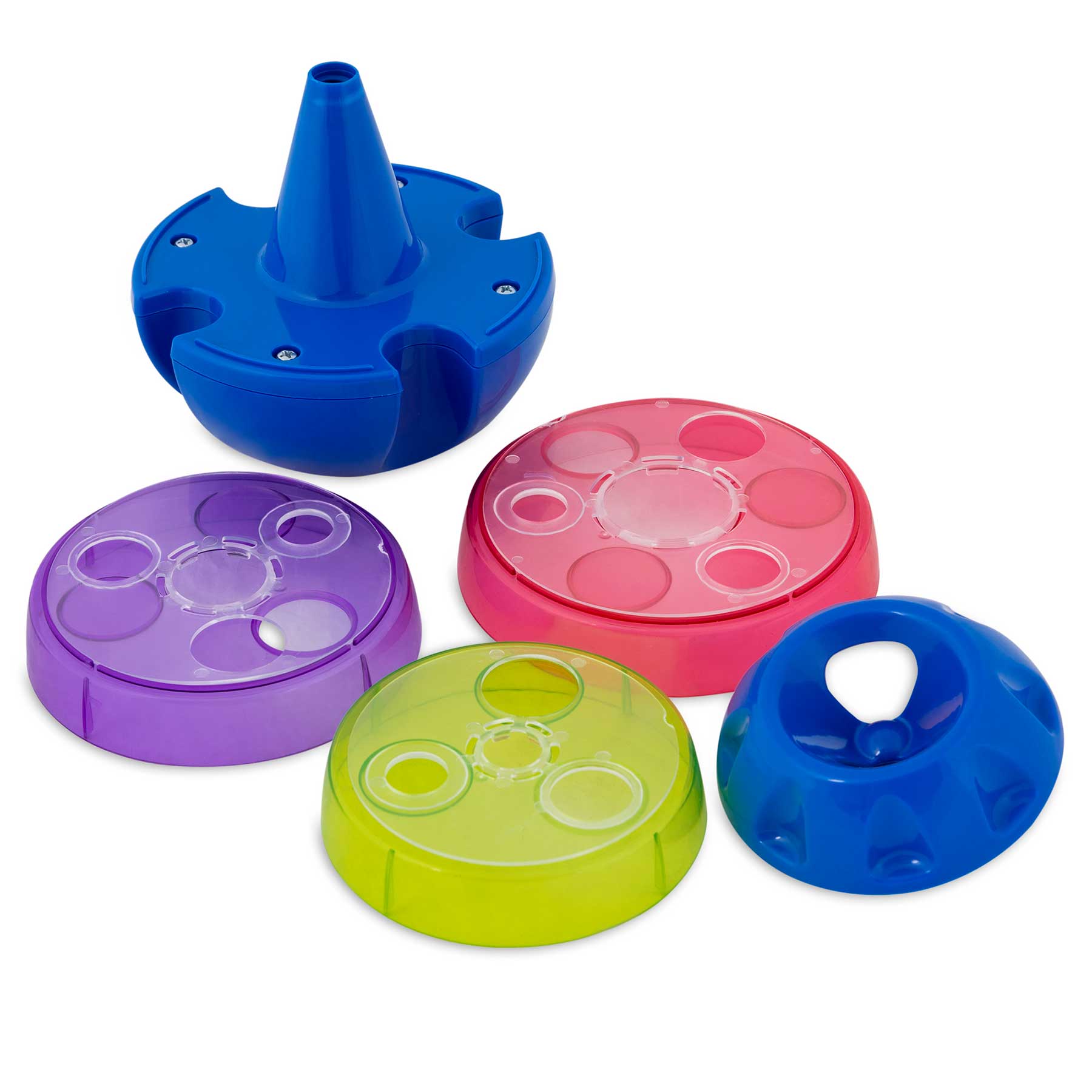 The JW Treat Tower Treat Dispensing Dog Toy by Jw is a vibrant collection with a blue base, and tops in purple, green, red, and blue. Each features indents or holes for playful learning activities, capturing curious minds.