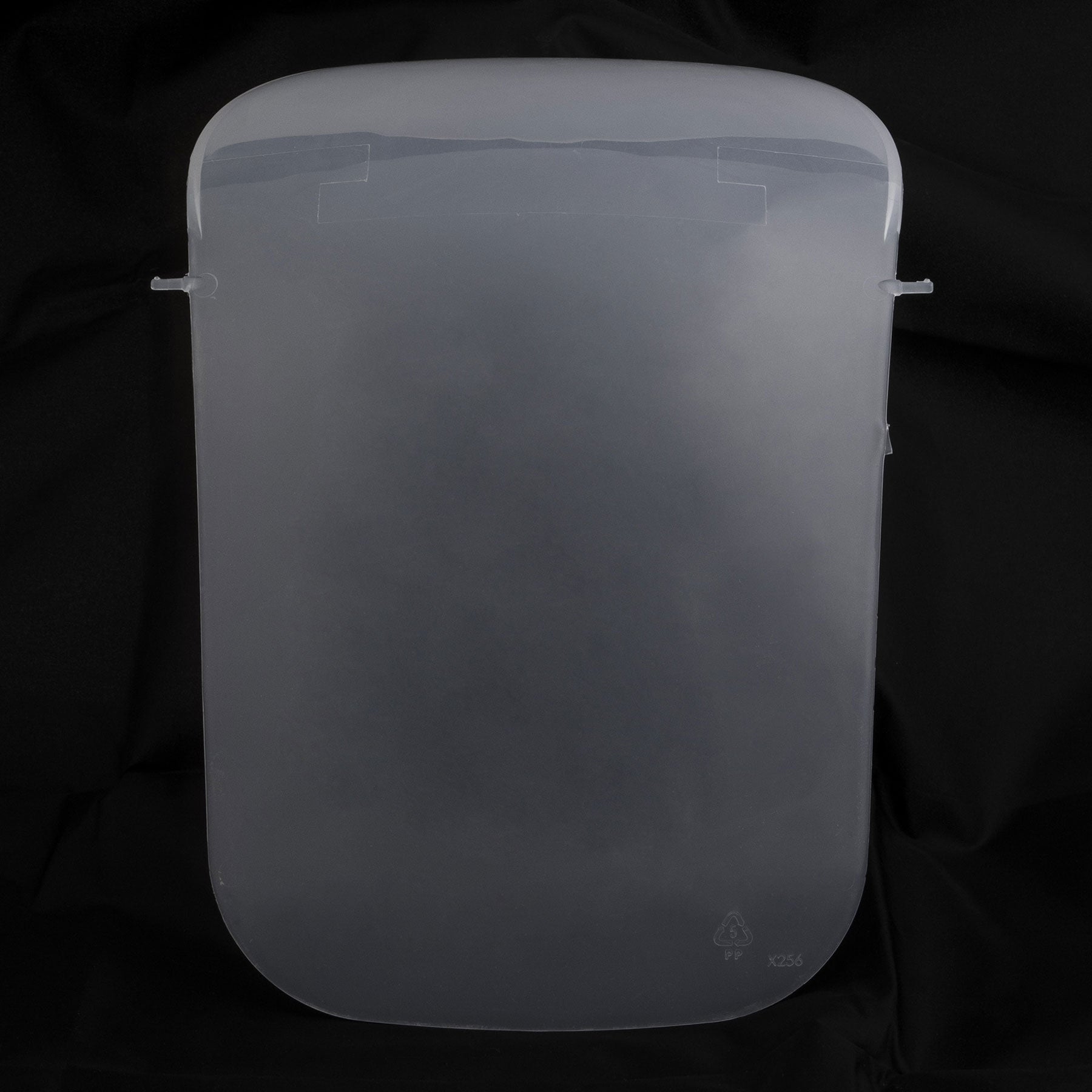 A Jumbo Hooded Litter Pan Replacement Door by Petmate, with a curved top and side mounts, is displayed against a black background. The transparent doors slight reflections reveal faint ambient light outlines.