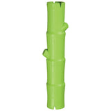 A JW Bamboo Stick, bright green rubber dog toy by Jw, mimics a vertical bamboo stalk with segment separations and stubs. Its smooth, durable texture casts a shadow on the white background.