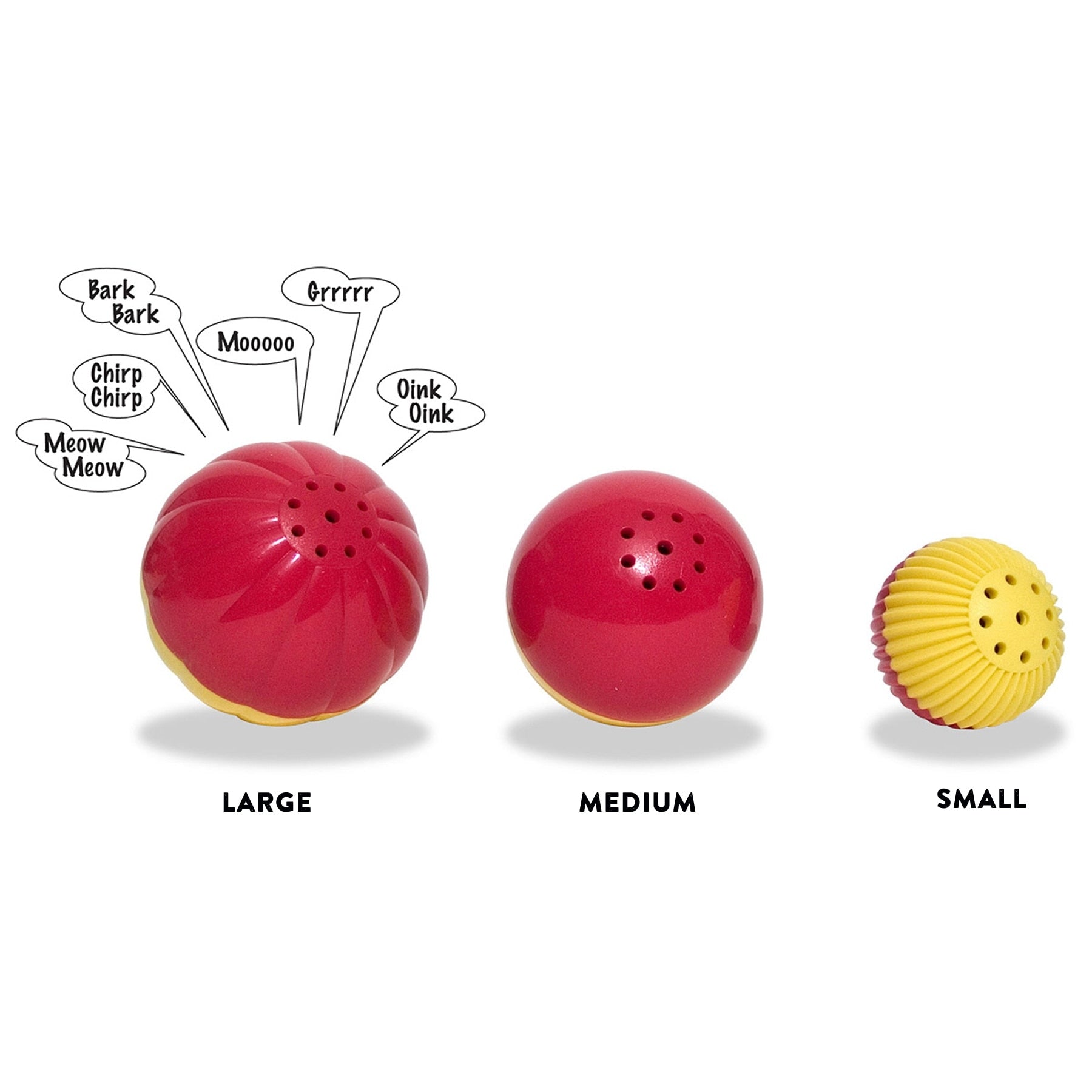 Introducing Petqwerks Animal Sounds Babble Balls! This set features three red and yellow toys in large, medium, and small sizes. The large toy includes sounds like Bark and Meow for endless pet entertainment, perfect for playful pups!.