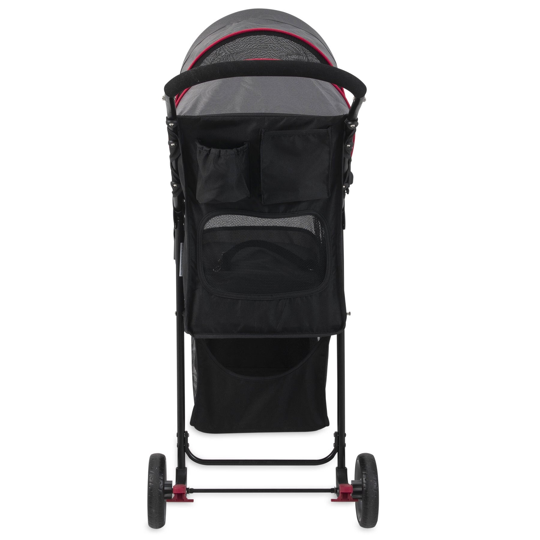 The Gen7 Grey Shadow Regal Plus Pet Stroller features a Smart Canopy with mesh window, storage pocket, and red accents. With four wheels, handlebar, and spacious seating for pets, it offers style and functionality.