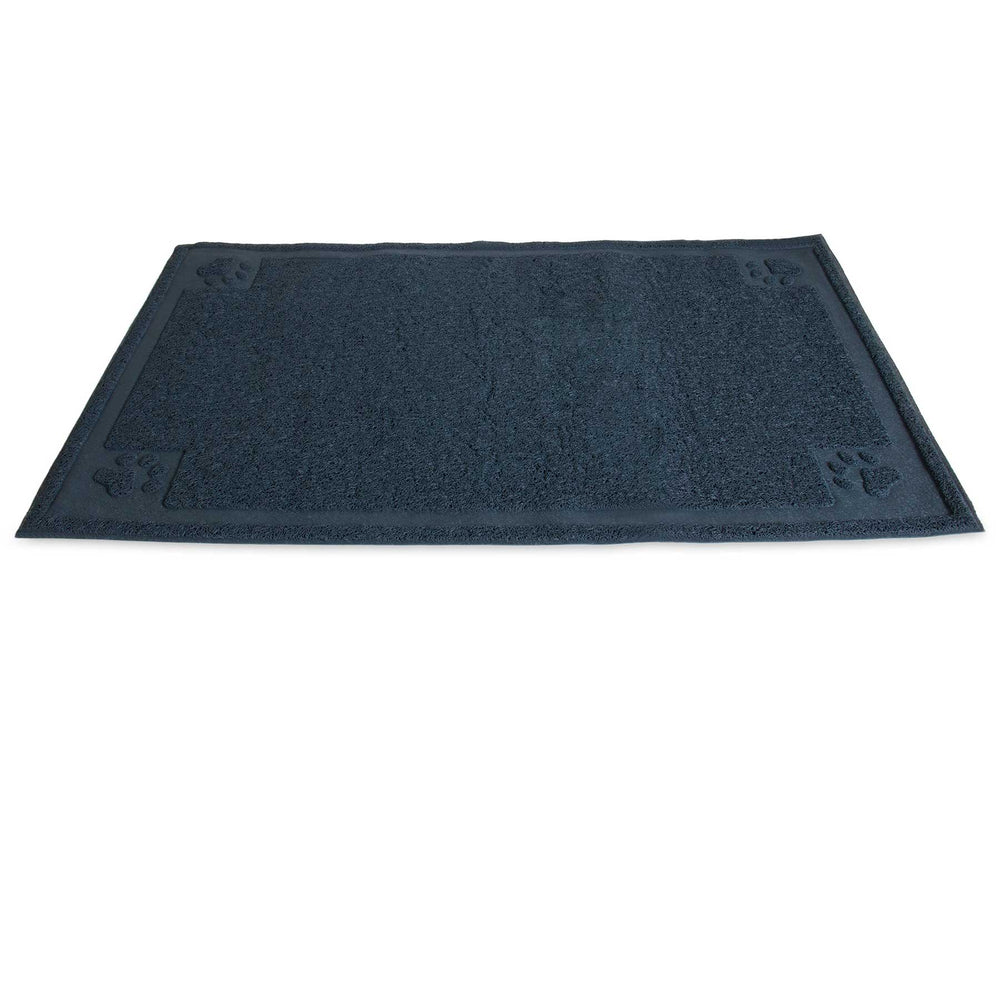 The Petmate Paws Large Litter Catcher Mat by Petmate is a dark blue rectangular mat with embossed cat paws in the corners. Its soft, absorbent texture makes it ideal for trapping debris or moisture.