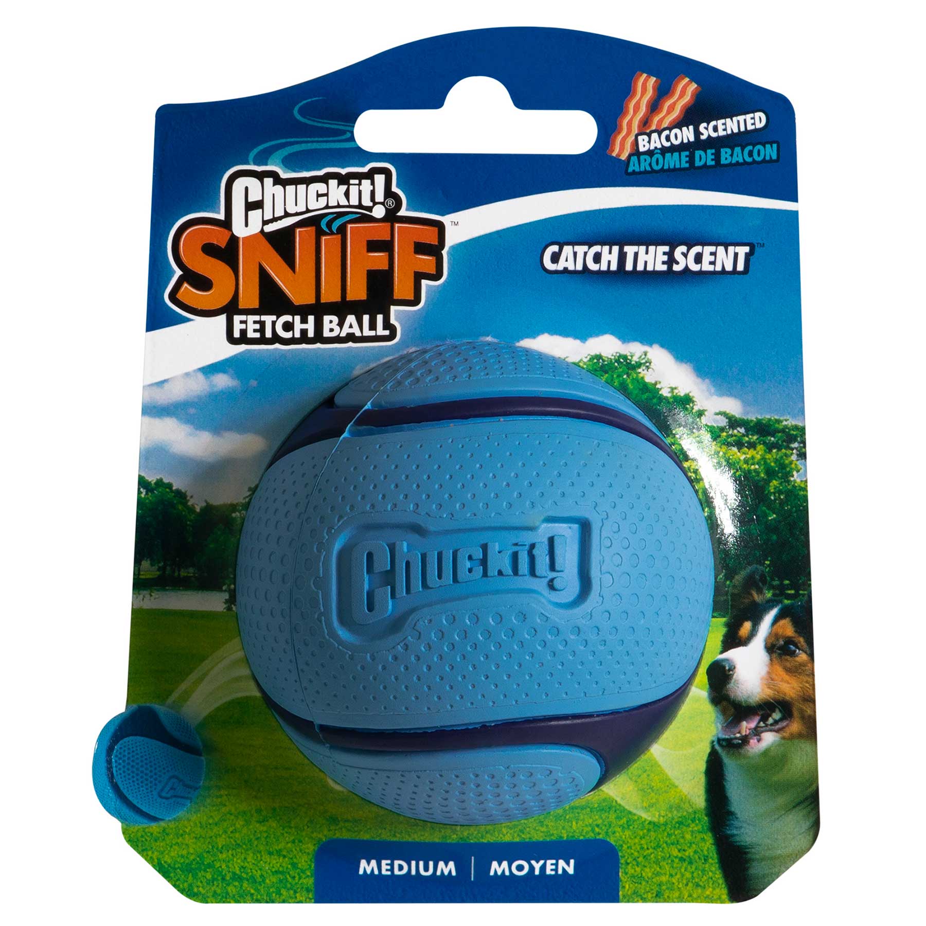 The Chuckit! Bacon Sniff Fetch Ball packaging features a medium-sized, durable blue rubber ball with an enticing bacon scent. Its showcased beside a dog photo in a park, with text stating Catch the Scent and Arome de Bacon, under the Chuckit brand name.