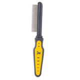 The JW Gripsoft Cat Comb is an angled, fine-toothed tool with a black and yellow handle. It includes a rubberized grip for comfort and control, with jw printed in black on the yellow part.