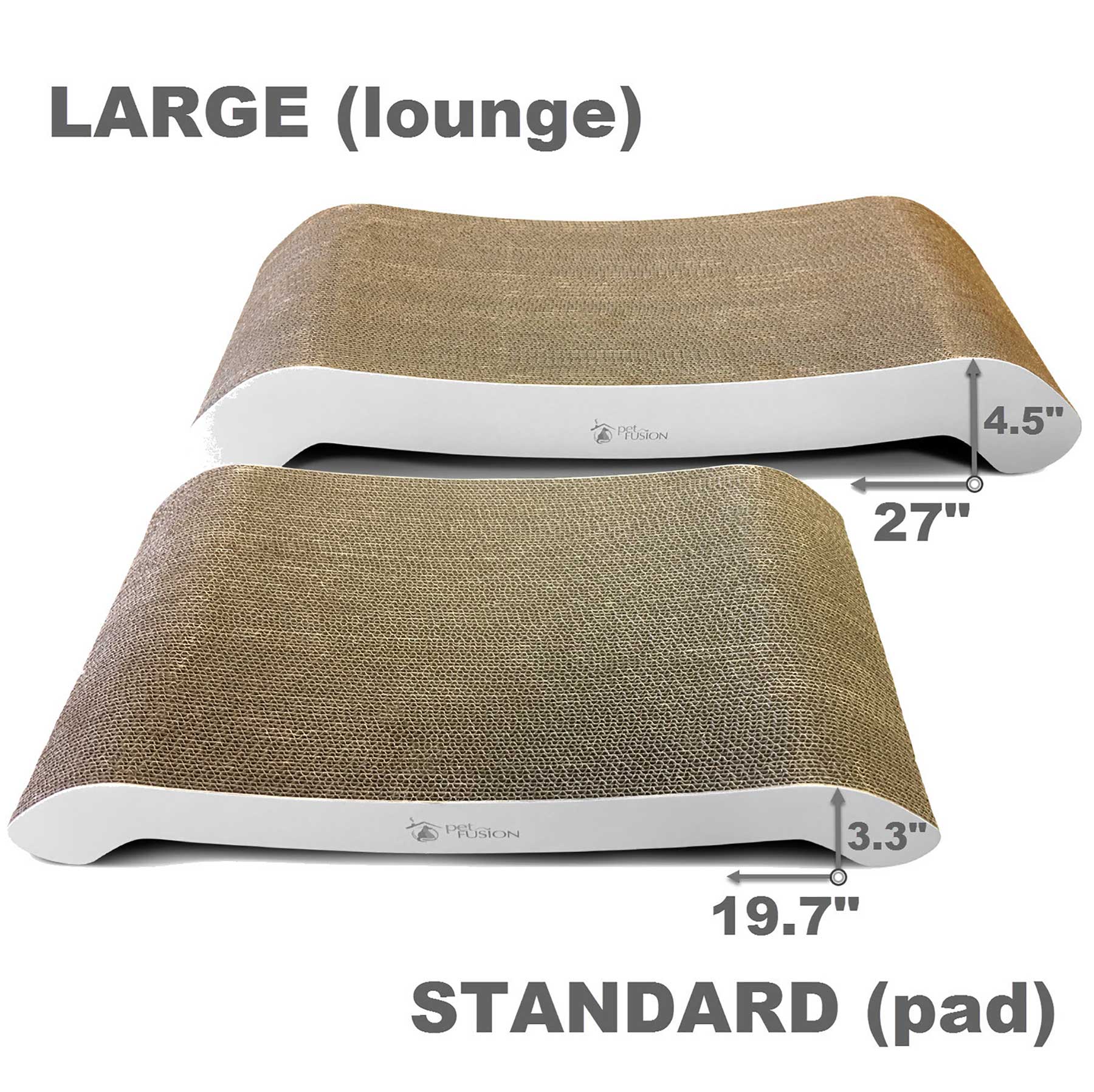 The premium cat scratchers are from PetFusion: the Lounge, 27 x 4.5, and the Flip Pad, measuring 19.7 x 3.3. Both offer a reversible, curved design with textured cardboard surfaces for scratching.