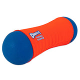 The Chuckit! Amphibious Tumble Bumper by Chuckit features a bright orange cylindrical middle with round blue ends, and its Bounceflex core provides durability and fun for your playful pup.