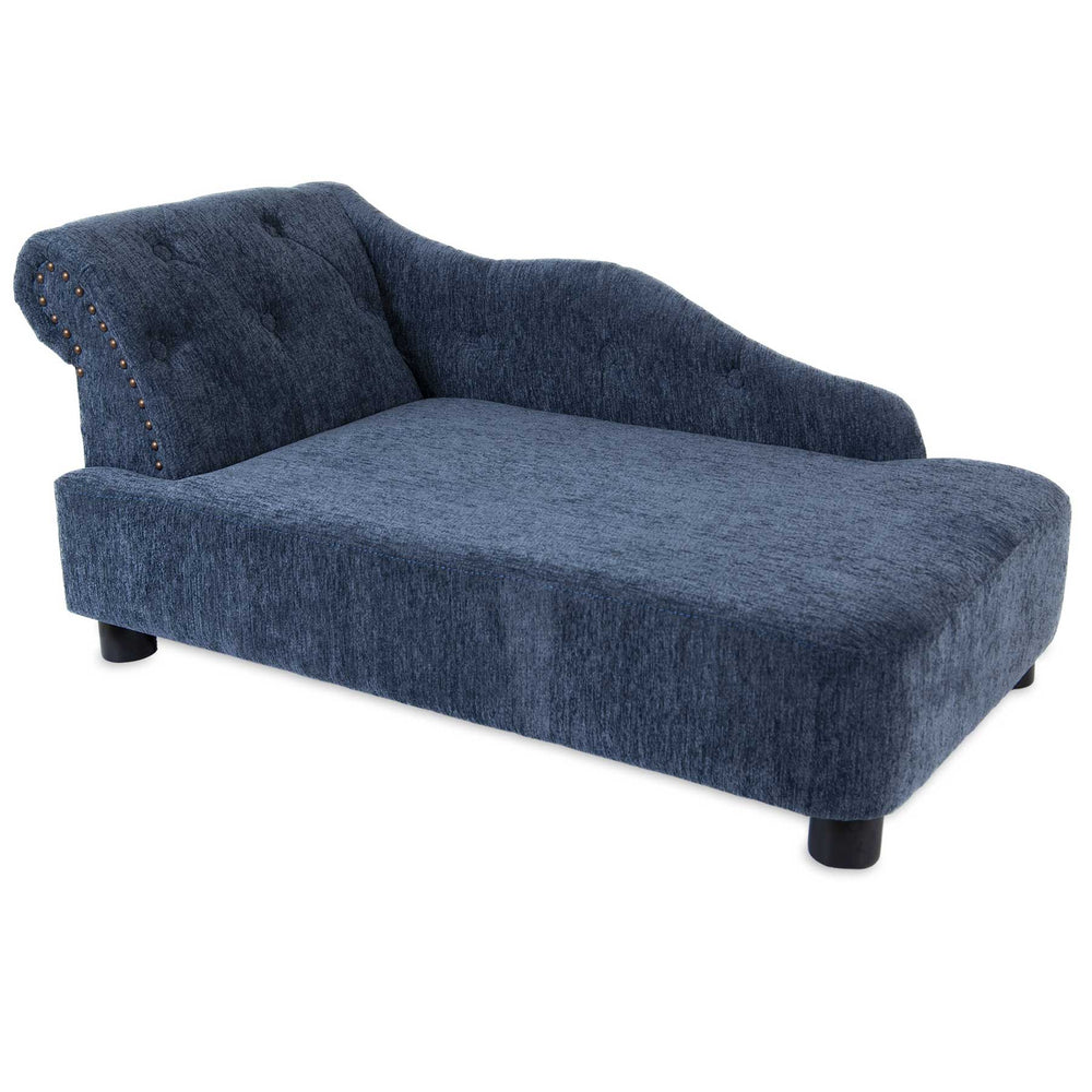 The La-Z-Boy Solana Chaise Sofa Pet Bed in blue velvet features a left-side arched backrest, button tufting, nailhead trim, and four short black legs, offering comfort and relaxation for both you and your pet.