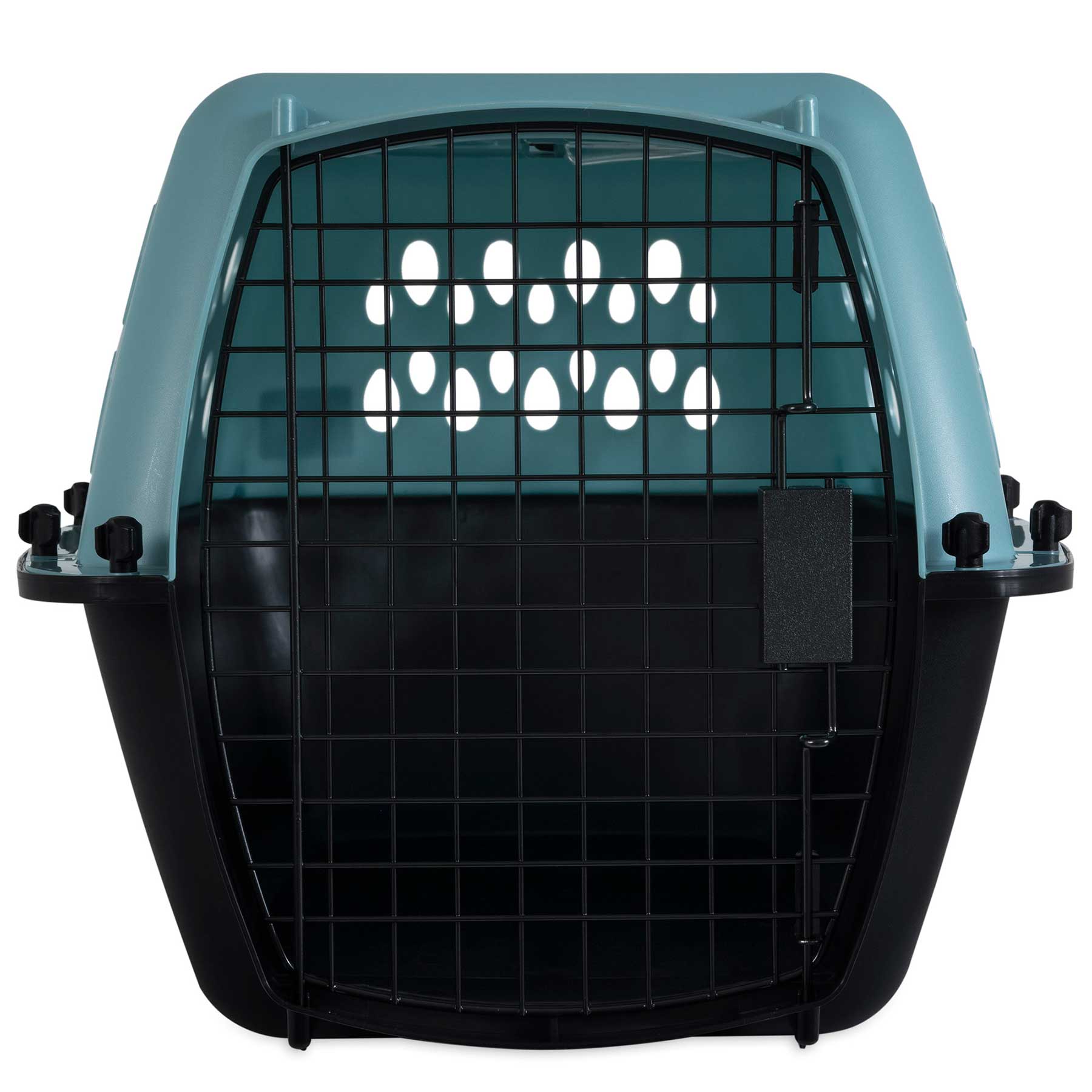 The Petmate Fashion All Purpose Vari Kennel by Petmate features a black base, teal top, metal front door, and ventilation holes—ideal for small dog carriers or pet travel. Shown empty from the front against a white background.