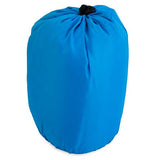 The Chuckit! Travel Pillow Bed by Chuckit features a lightweight, blue, cylindrical sack with a drawstring closure and dark cord. Made of smooth, subtly wrinkled fabric, its perfect for travelers and is machine washable.