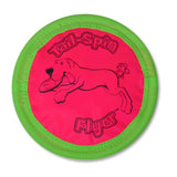 The Petmate Booda Tail Spin Flyer by Petmate is a round, neon pink and green disc featuring a cartoon dog catching a frisbee, making it the perfect interactive fetch toy for your playful pup.