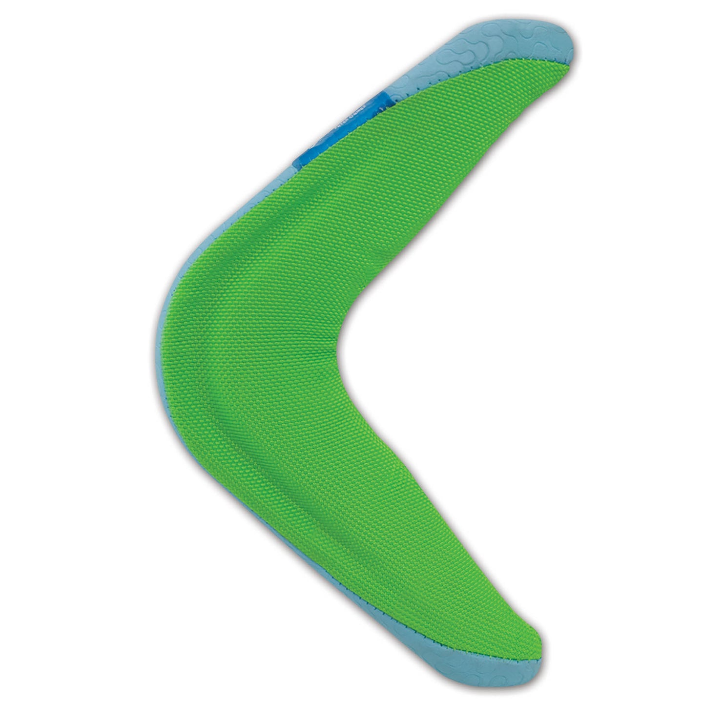 A Chuckit Amphibious Boomerang, by Chuckit, in green with light blue edges and a textured surface, is set against a plain white background.