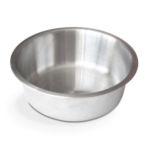 The PetFusion Premium 304 Stainless Steel Pet Bowl, with its elegant round shape and slightly curved rim, rests on a white surface. Its both shiny and empty, combining simplicity with practicality as its dishwasher-safe for easy cleaning.