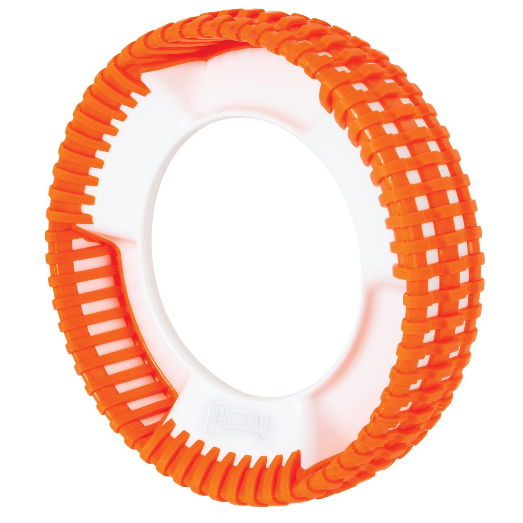 The Chuckit! Rugged Fetch Wheel is a circular dog toy in orange and white with durable ridges for grip and chewing. The outer ring is orange, and the inner section is a smooth-finished white, perfect for playful fetch sessions.