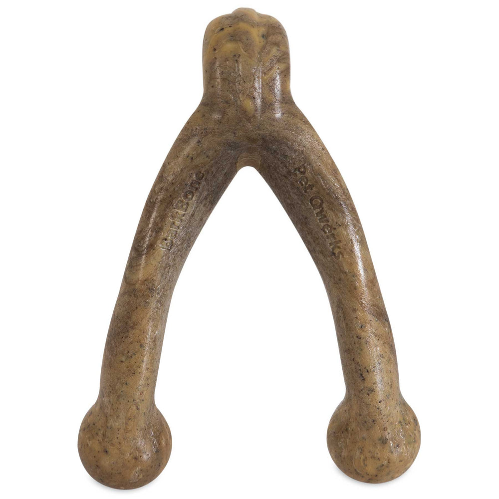 The Barkbone Natural Instincts Wishbone Peanut Butter-Infused Nylon Dog Chew is a brown, wishbone-shaped toy with two rounded ends and a textured surface, ideal for gnawing. Benebone and Pawplexer are engraved on the sides, offering durable nylon chews with a hint of irresistible peanut butter flavor.