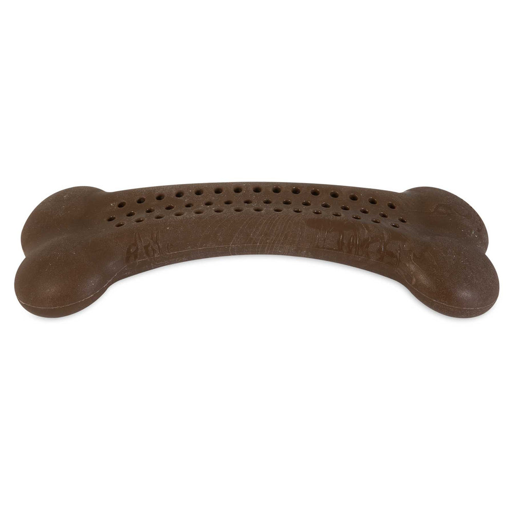 Presenting the BarkBone Natural Instincts Mesquite Chicken Flavorit Nylon Dog Chew by Barkbone Natural Instincts. This brown, bone-shaped toy is made from nylon with rounded ends and a perforated surface, slightly curved yet sturdy for your pets enjoyment.