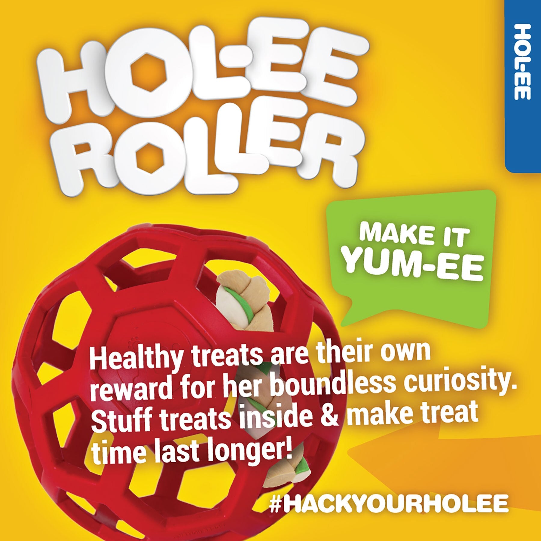 A promotional image showcases the JW Hol-ee Roller Dog Toy by Jw, made from natural rubber. The red puzzle toy with a ball and treat inside extends treat time. Text reads: Healthy treats reward her boundless curiosity and #HACKYOURHOLEE.