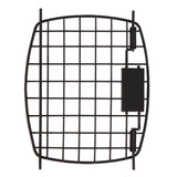 The Petmate Black Replacement Door for 19 Plastic Kennels is a metal grid with evenly spaced bars, featuring a right-side rectangular clasp and a slight outward curve. The backdrop is pure white.