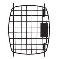 The Petmate Black Replacement Door for 19 Plastic Kennels is a metal grid with evenly spaced bars, featuring a right-side rectangular clasp and a slight outward curve. The backdrop is pure white.