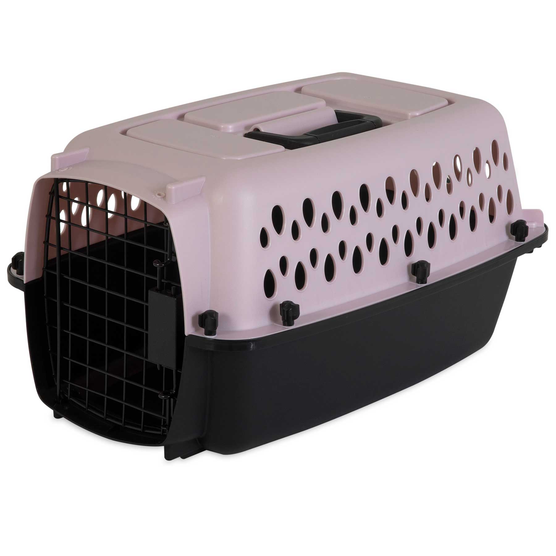 The Petmate Fashion All Purpose Vari Kennel features a black base, light pink top, side ventilation holes, and a metal front door—an ideal stylish small dog carrier for travel by Petmate.