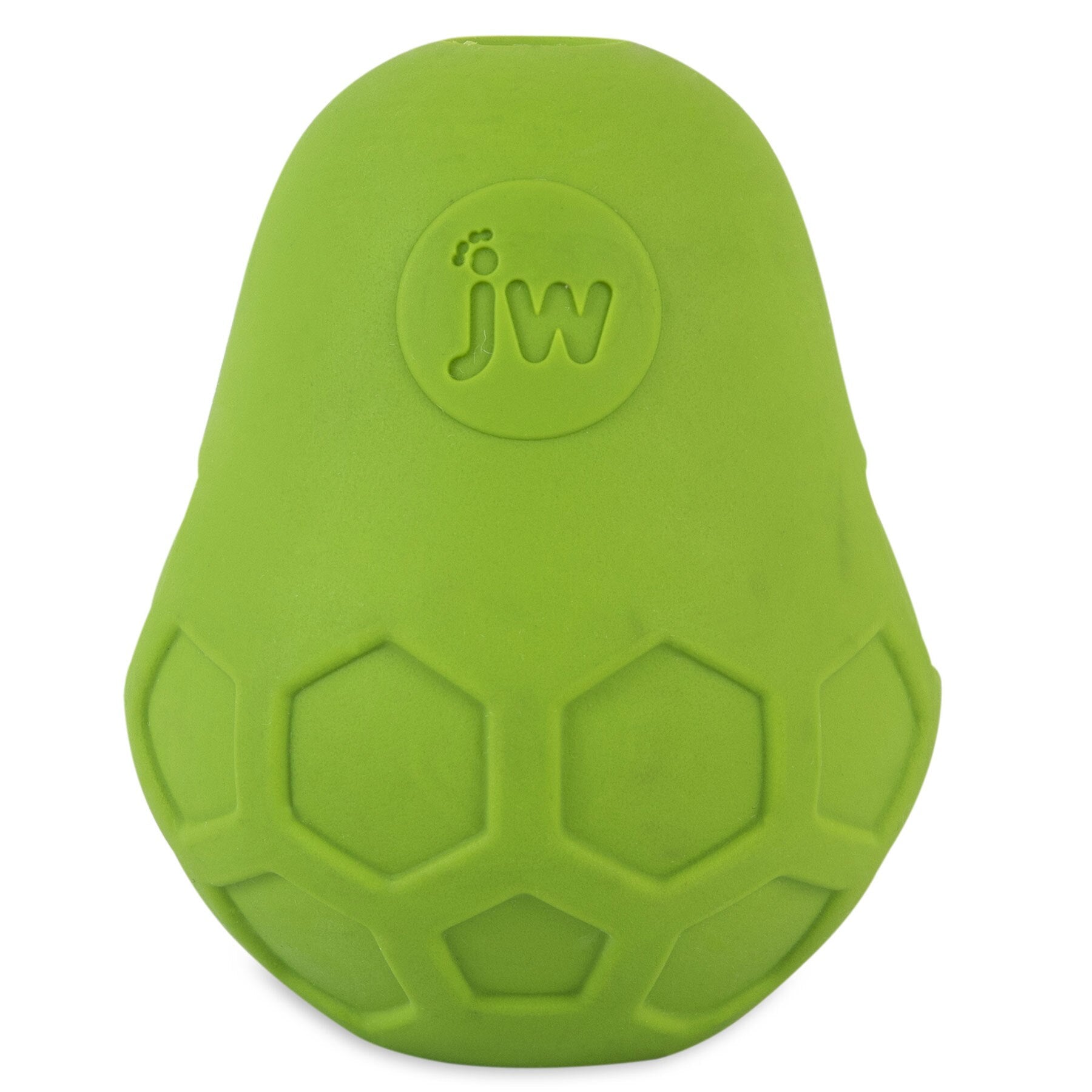 The JW Tumble Teez Dog Toy by Jw is a green pear-shaped puzzle toy with hexagonal patterns and the jw logo, designed as an entertaining treat dispenser.