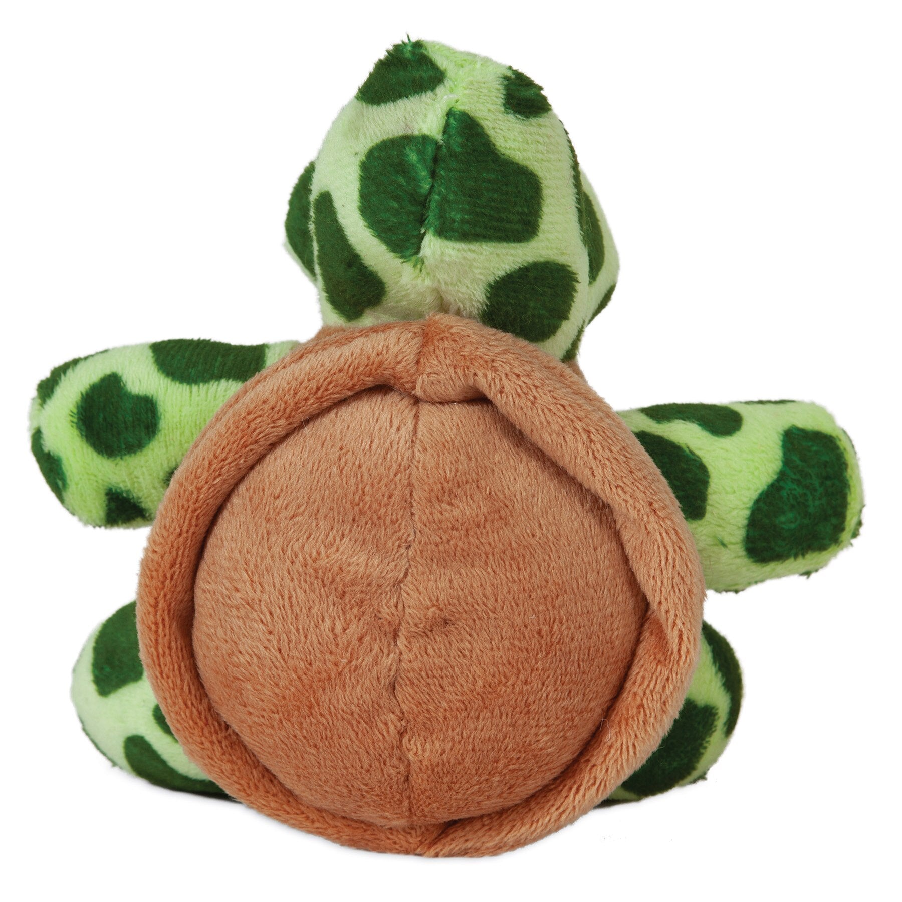 The Zoobilee Softies Dog Toy features a plush turtle with a green, spotted shell and soft brown underside, sitting upright with its round shell and small limbs—an ideal addition to your collection of Zoobilee dog toys.