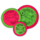 The Petmate Booda Tail Spin Flyer is an ideal fetch toy set. It includes a large pink frisbee with a green border, a medium green one with a pink border, and a small version matching the design. Each frisbee features Tail-Spin Flyer and cartoon dog graphics for endless interactive fun.