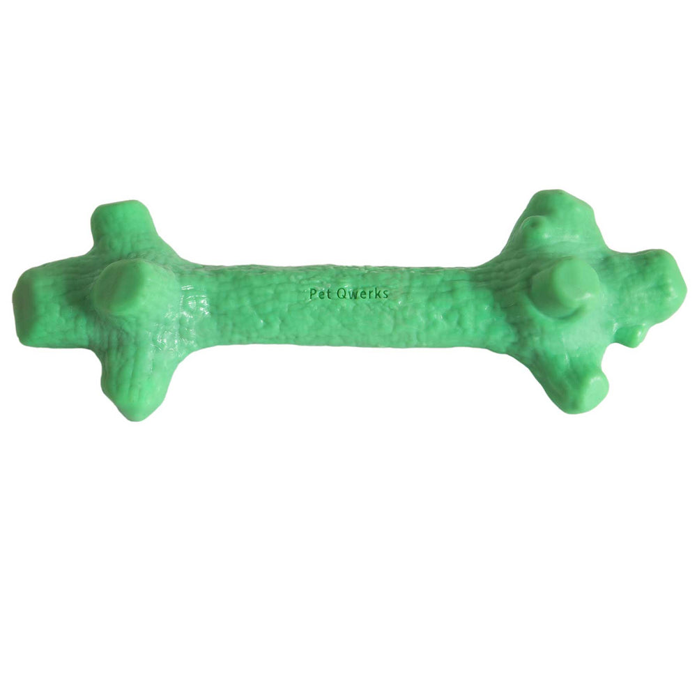 Introducing the BarkBone Natural Instincts Mint Infused Stick, a durable nylon dog chew designed for serious chewers. Its textured surface enhances grip, and the product is mint-flavored with Pet Qwerks printed on the side to delight your furry friend.
