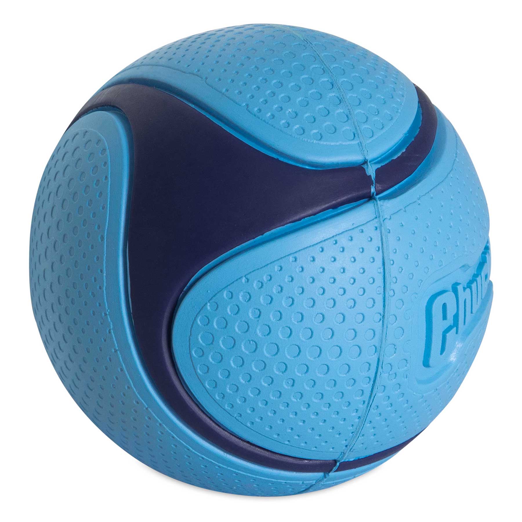 The Chuckit! Bacon Sniff Fetch Ball by Chuckit is a blue rubber fetch ball featuring dark blue curved accents. Made from durable rubber, it has a textured surface, an embossed logo, and emits a bacon scent to enhance playtime fun.